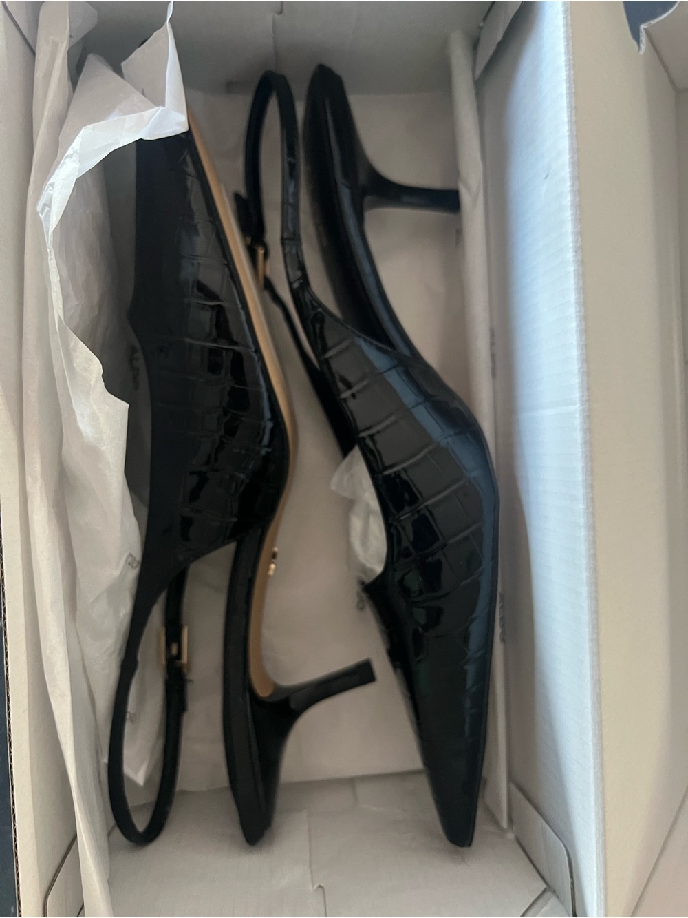 New Aldo Black Croc-Embossed Pointed Slingback Kitten Heels